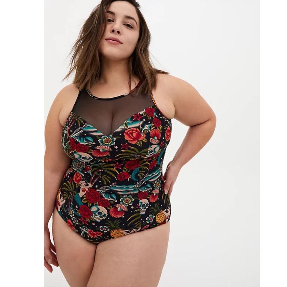 Torrid Floral Skull One Piece Swimsuit - Black and Red